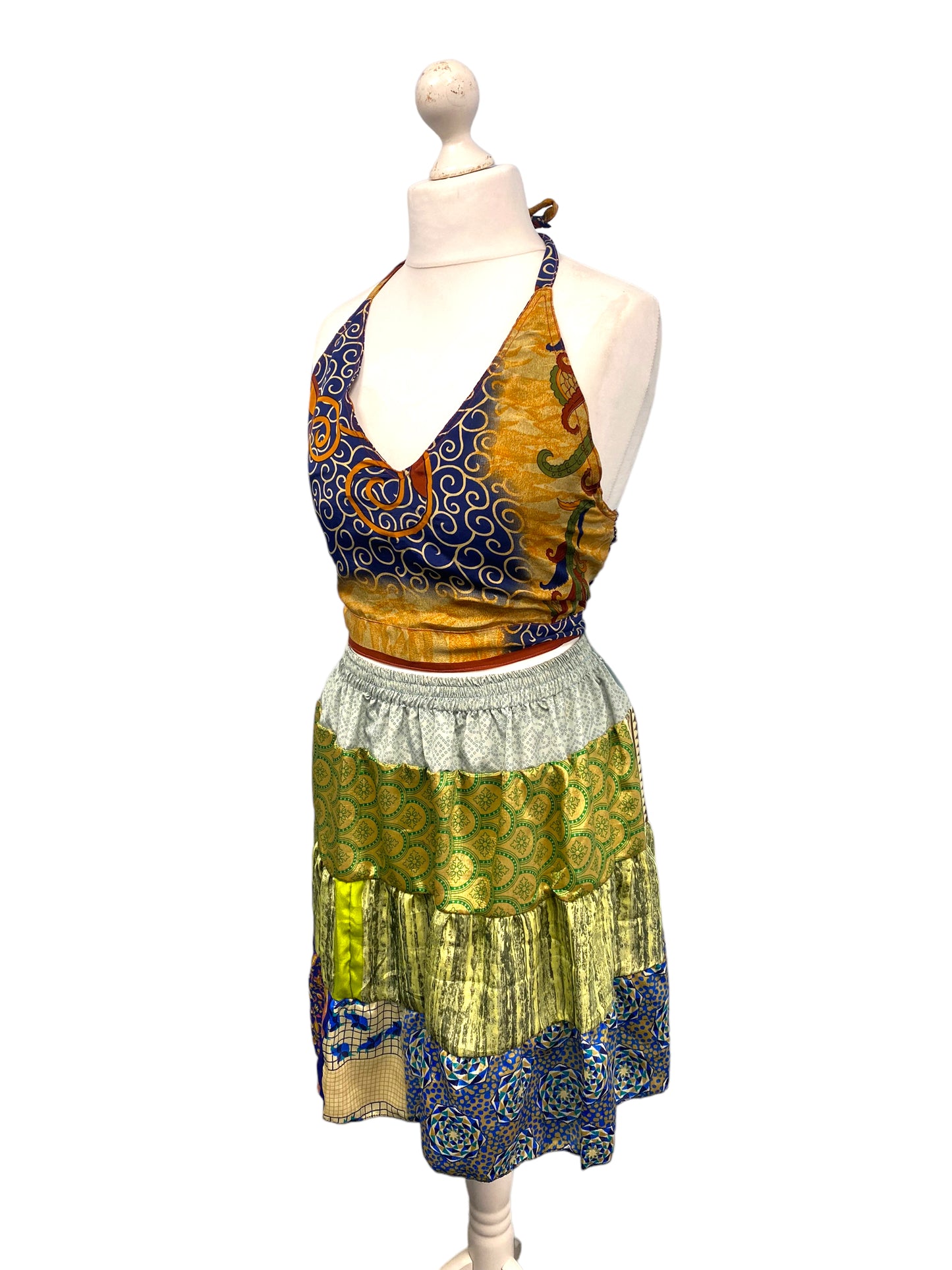 Crop Top & Mini Skirt Festival outfit Boho Hippy Sari Silk summer vest One Size