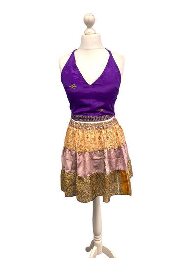 Crop Top & Mini Skirt Festival outfit Boho Hippy Sari Silk summer vest One Size