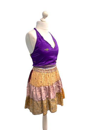 Crop Top & Mini Skirt Festival outfit Boho Hippy Sari Silk summer vest One Size