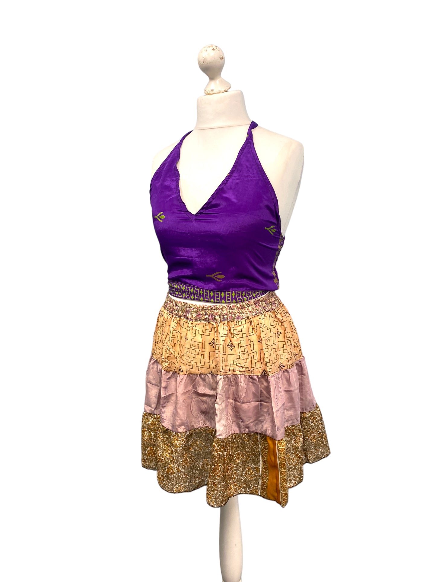 Crop Top & Mini Skirt Festival outfit Boho Hippy Sari Silk summer vest One Size