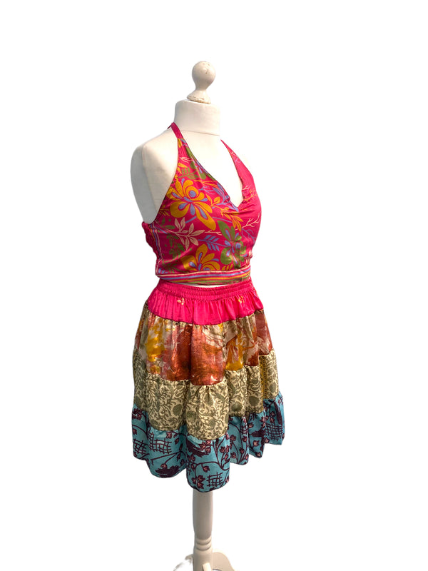 Crop Top & Mini Skirt Festival outfit Boho Hippy Sari Silk summer vest One Size