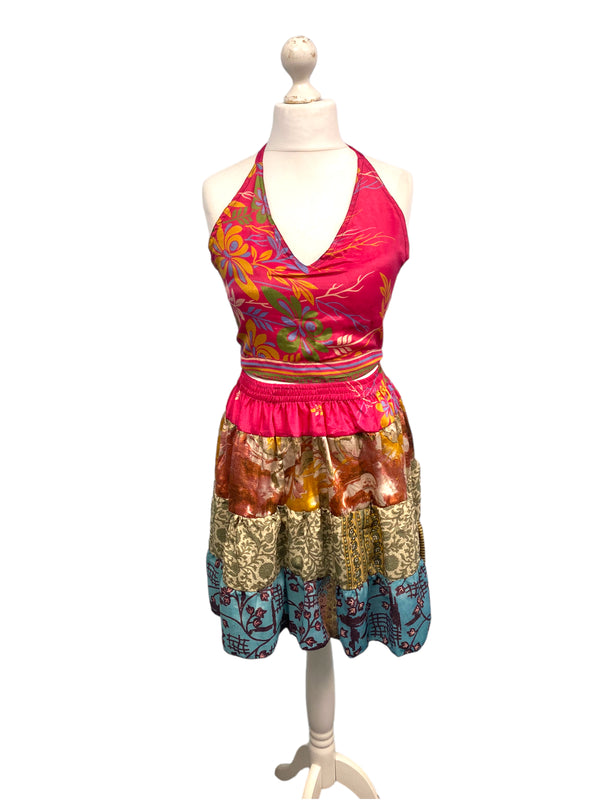 Crop Top & Mini Skirt Festival outfit Boho Hippy Sari Silk summer vest One Size