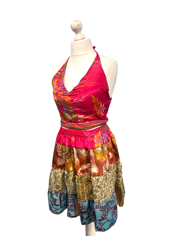 Crop Top & Mini Skirt Festival outfit Boho Hippy Sari Silk summer vest One Size