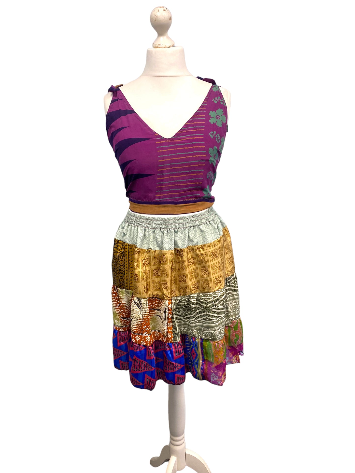 Crop Top & Mini Skirt Festival outfit Boho Hippy Sari Silk summer vest One Size