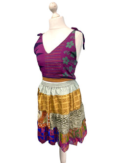 Crop Top & Mini Skirt Festival outfit Boho Hippy Sari Silk summer vest One Size