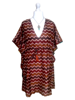 Kaftan Tunic Top short dress BROWN Boho hippy festival vintage Sari Silk UK 8-18