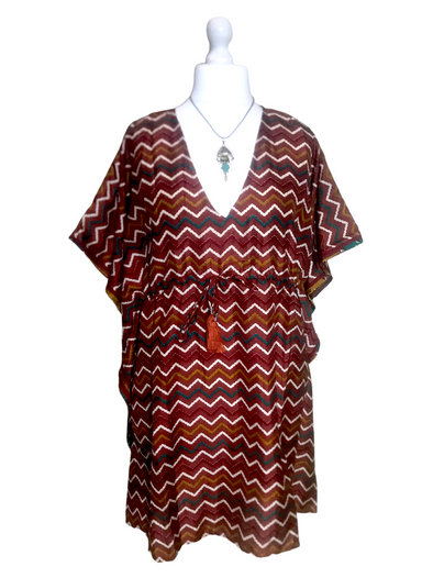Kaftan Tunic Top short dress BROWN Boho hippy festival vintage Sari Silk UK 8-18