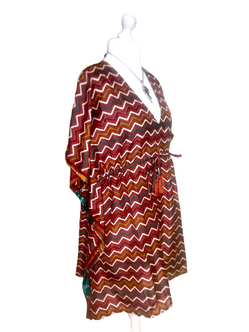 Kaftan Tunic Top short dress BROWN Boho hippy festival vintage Sari Silk UK 8-18