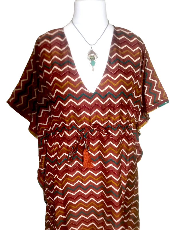 Kaftan Tunic Top short dress BROWN Boho hippy festival vintage Sari Silk UK 8-18