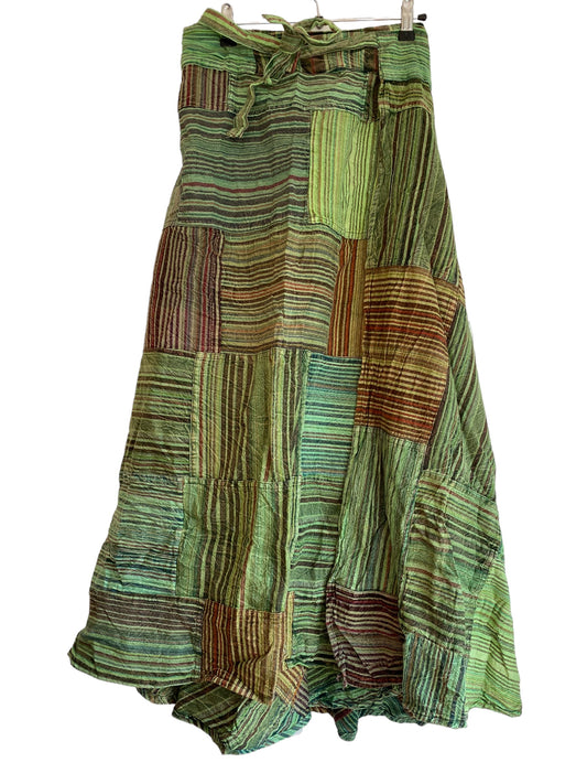 GREEN Long Patchwork Wrap Skirt, Boho Hippy Festival  100% cotton summer Maxi length UK 8-16