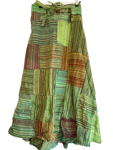 GREEN Long Patchwork Wrap Skirt, Boho Hippy Festival  100% cotton summer Maxi length UK 8-16