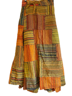 Orange Brown Long Patchwork Wrap Skirt, Boho Hippy Festival 100% Cotton summer Maxi length UK 8-16