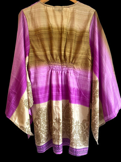 Kaftan Tunic Top, Purple & Beige  Boho hippy festival style, ,sari silk, Blouse, Beach