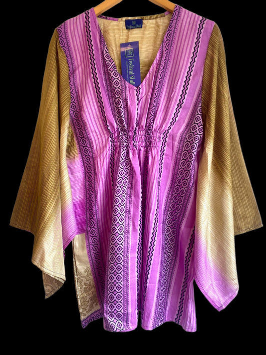 Kaftan Tunic Top, Purple & Beige  Boho hippy festival style, ,sari silk, Blouse, Beach