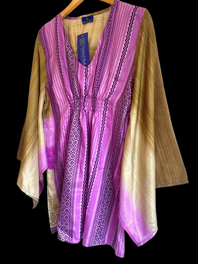 Kaftan Tunic Top, Purple & Beige  Boho hippy festival style, ,sari silk, Blouse, Beach