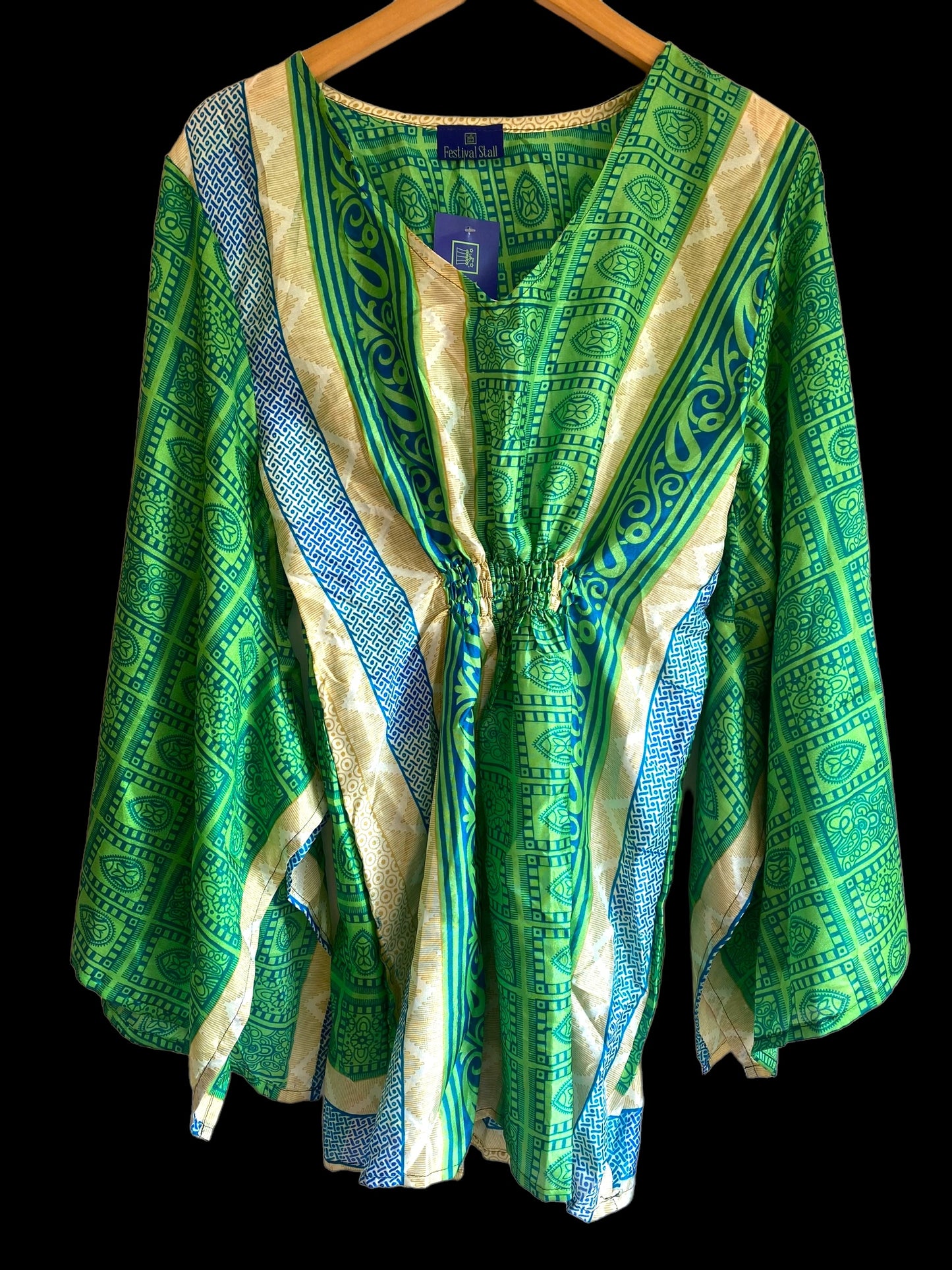 Kaftan Tunic Top, Green, Boho hippy festival style, ,sari silk, Blouse, Beach