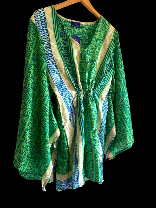 Kaftan Tunic Top, Green, Boho hippy festival style, ,sari silk, Blouse, Beach