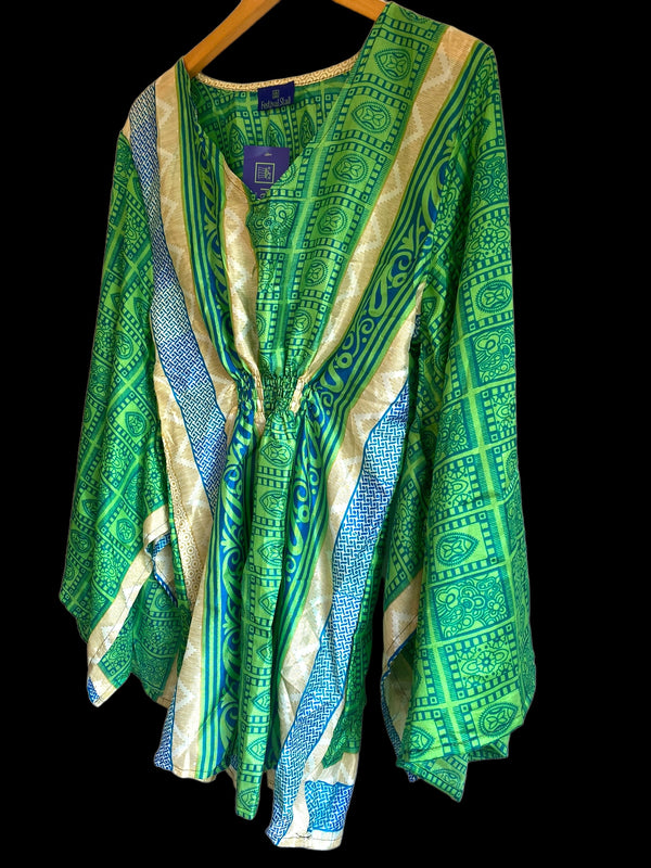 Kaftan Tunic Top, Green, Boho hippy festival style, ,sari silk, Blouse, Beach