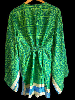 Kaftan Tunic Top, Green, Boho hippy festival style, ,sari silk, Blouse, Beach