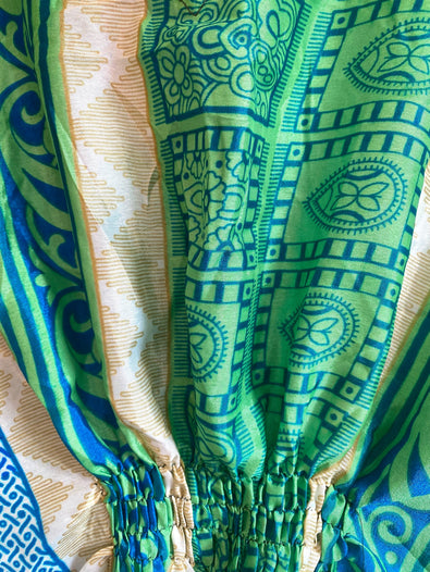 Kaftan Tunic Top, Green, Boho hippy festival style, ,sari silk, Blouse, Beach