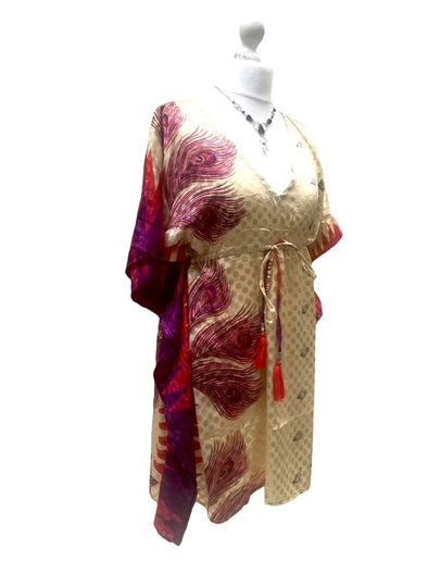 Tunic Kaftan Short Dress Top Cover up Boho hippy Vintage Sari Silk ONE SIZE 8-18