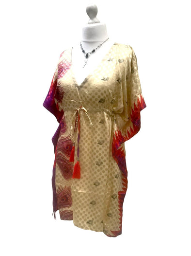 Tunic Kaftan Short Dress Top Cover up Boho hippy Vintage Sari Silk ONE SIZE 8-18