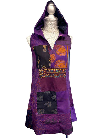 Purple Hoodie Mini dress, Festival boho hippie, short patchwork hooded mini tunic dress UK 8 10 12 14