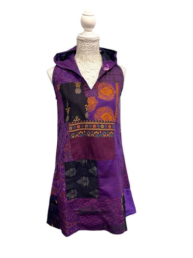Purple Hoodie Mini dress, Festival boho hippie, short patchwork hooded mini tunic dress UK 8 10 12 14
