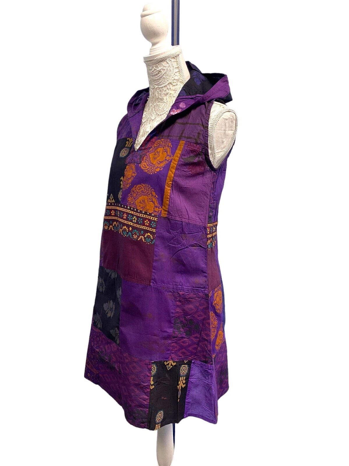 Festival Stall LTD Boho festival Clothing Purple Hoodie Mini dress, Festival boho hippie, short patchwork hooded mini tunic dress UK 8 10 12 14