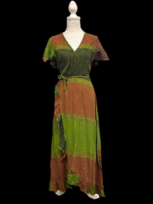 Dress Green Summer wrap over, Boho hippie, casual long length one size  UK 8 - 14