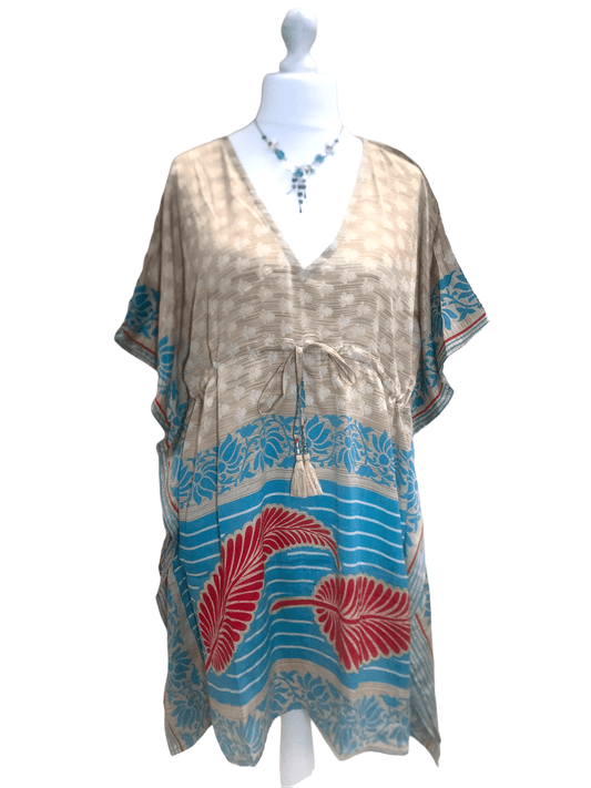 Festival Stall LTD Boho festival Clothing Tunic Kaftan Top short dress BLUE Boho hippy festival vintage Sari Silk UK 8 - 18