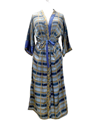 BLUE Kimono Robe Dressing Gown Wrap Hippy Festival Sari Silk  Cover Up 8-14 gift