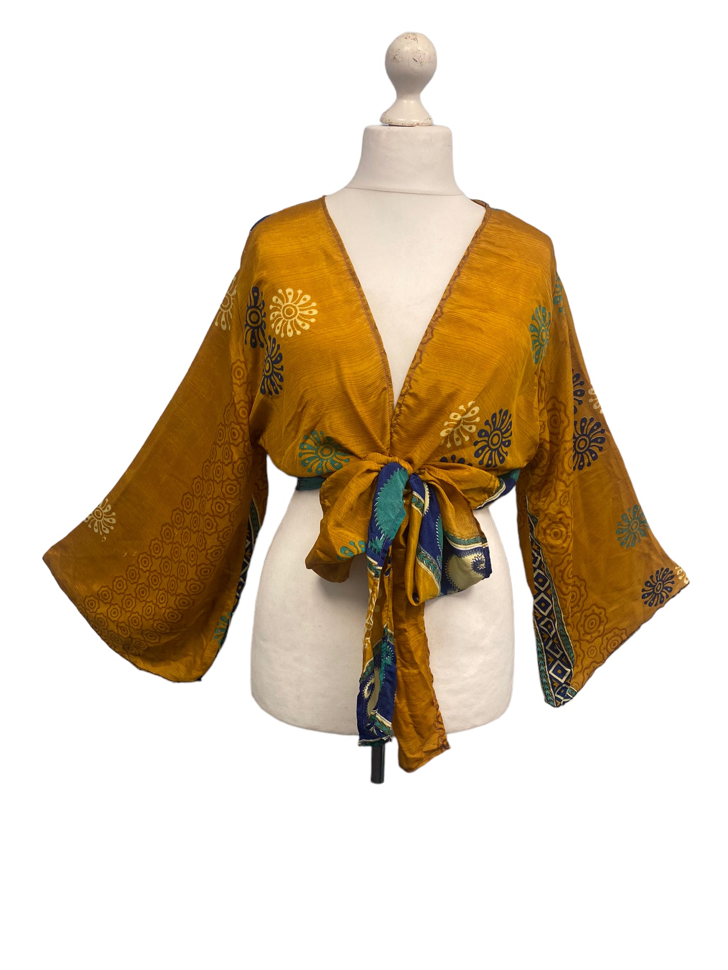 GOLD blouse Shrug crop top cover up Sari-Silk Boho Hippy Bell sleeve UK 16-20