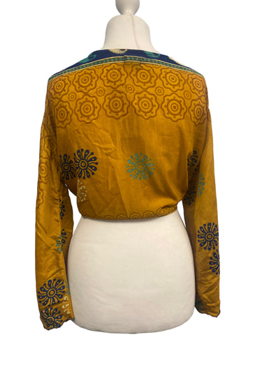 GOLD blouse Shrug crop top cover up Sari-Silk Boho Hippy Bell sleeve UK 16-20
