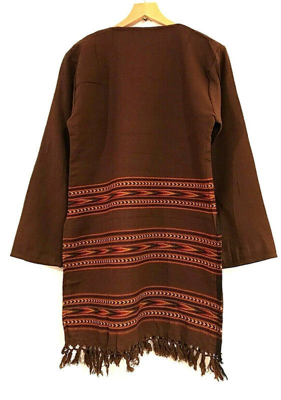 Long Tunic Top Boho Hippie Festival Winter Warm tassel long sleeve BROWN  S M L