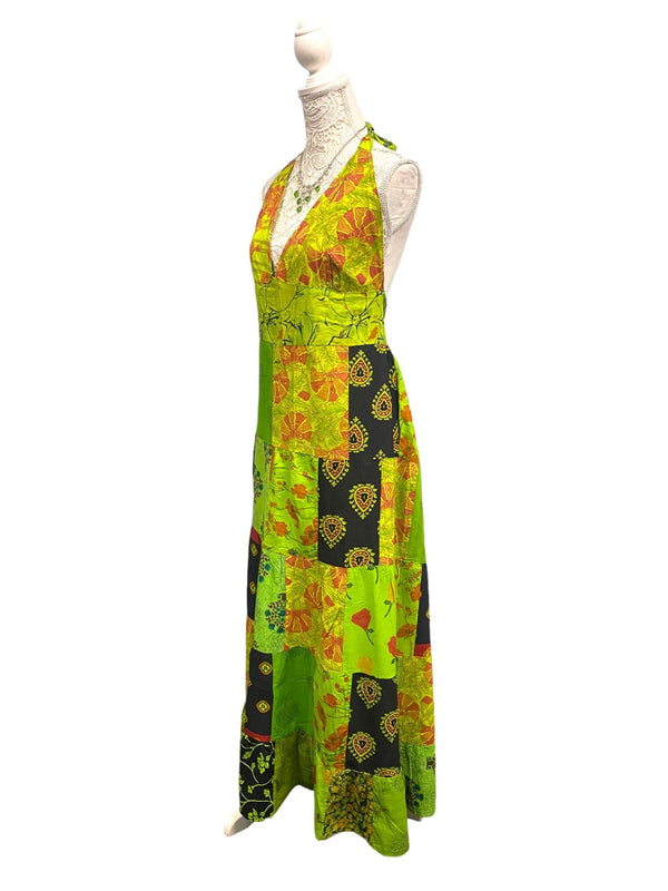 Festival Stall LTD Boho festival Clothing Boho hippy, pixie fairy style, hanky hem, festival outfit, green patchwork long maxi dress one size uk 10 12 14 16 18