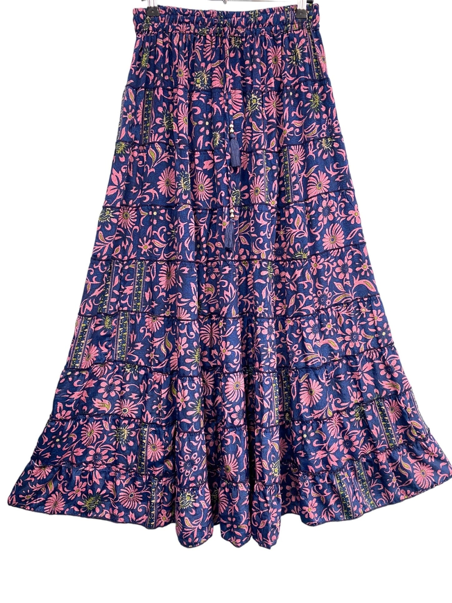 Festival Stall LTD Boho festival Clothing Pretty Long Silk SKIRT, Boho Hippy gypsy Festival style, Pink & Purple floral print maxi length UK 8 - 18