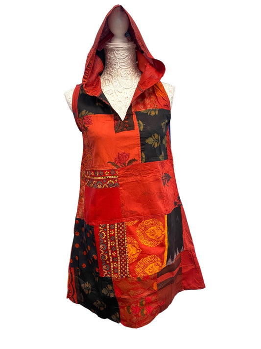 Festival Stall LTD Boho festival Clothing Short RED pixie tunic dress, Festival Boho Hippie, Patchwork Cotton hooded hoodie mini UK 8 10 12 14