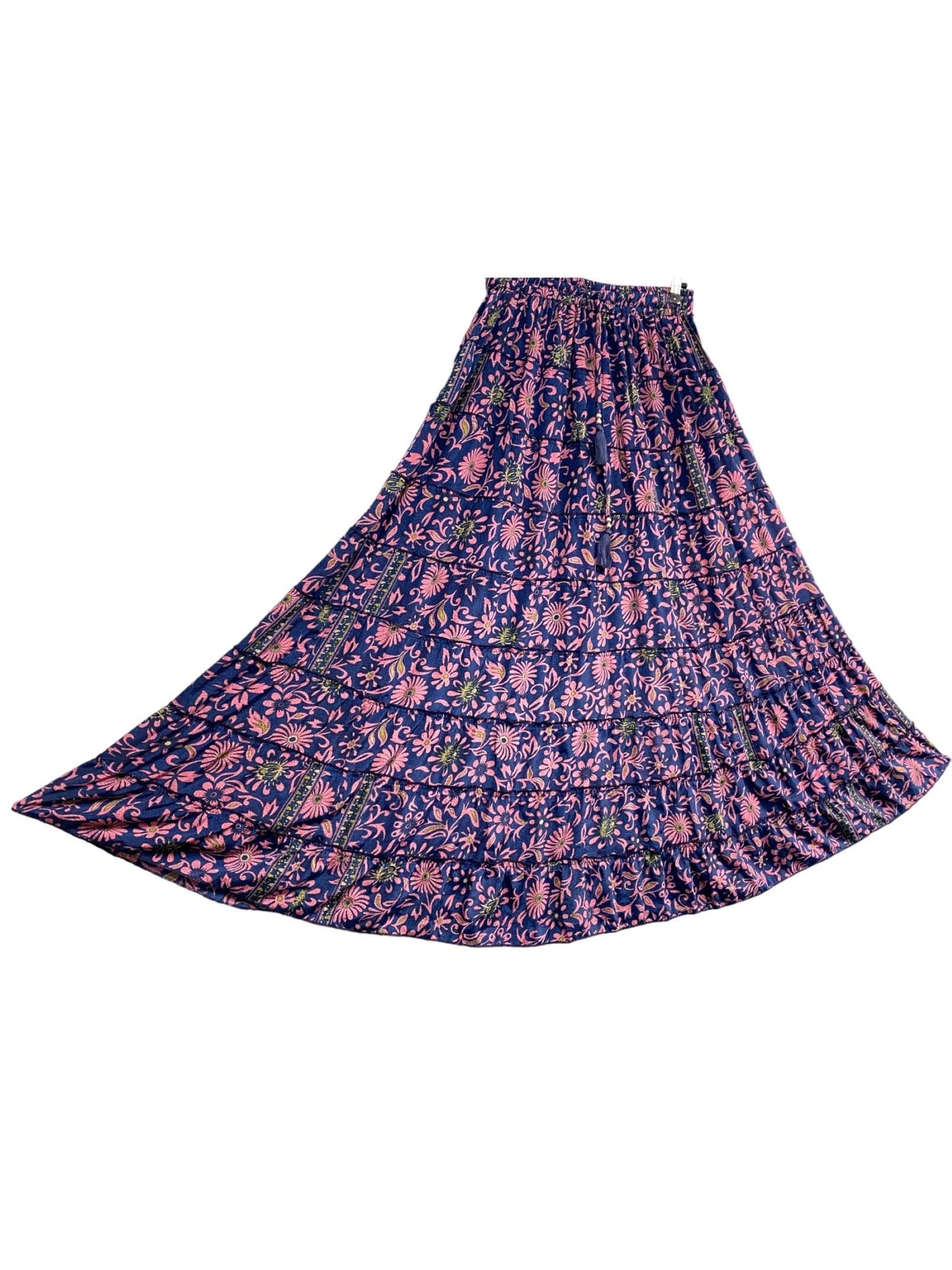 Festival Stall LTD Boho festival Clothing Pretty Long Silk SKIRT, Boho Hippy gypsy Festival style, Pink & Purple floral print maxi length UK 8 - 18