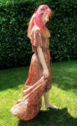 Maxi Dress Long Boho hippy pixie Festival 100% SILK summer PINK RED   UK 8-14