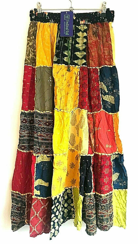 LONG PATCHWORK SKIRT Boho hippie Festival Vintage retro maxi One Size 8-18