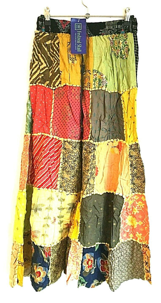 LONG PATCHWORK SKIRT Boho hippie Festival Vintage retro maxi One Size 8-18