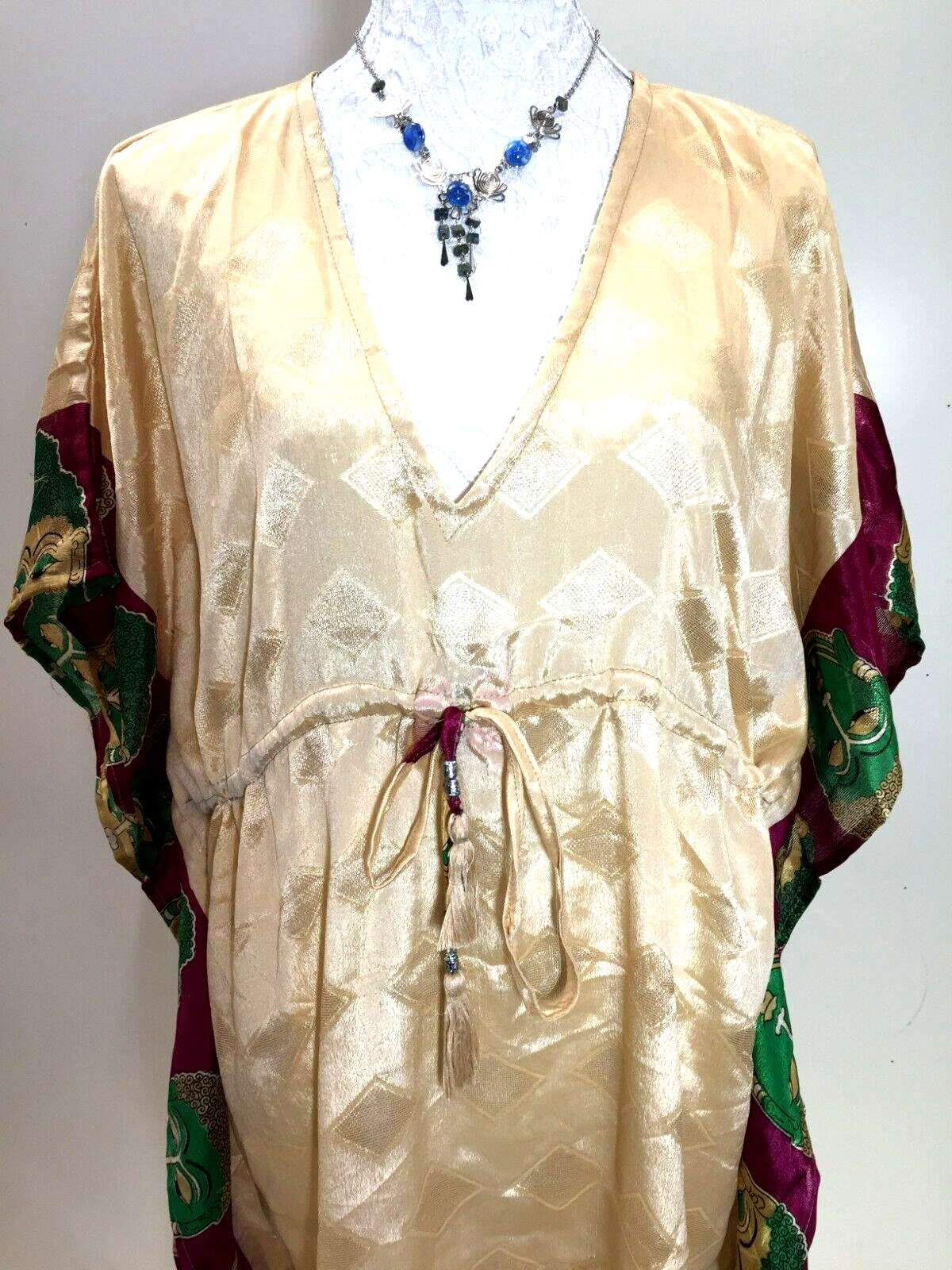 Retro CREAM Tunic Dress Kaftan  Cover up Boho hippy festival Sari Silk UK 8 - 18