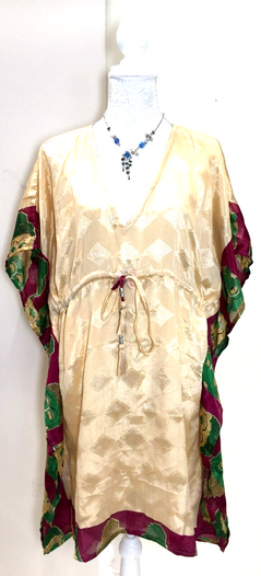 Retro CREAM Tunic Dress Kaftan  Cover up Boho hippy festival Sari Silk UK 8 - 18