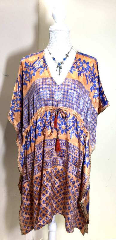 Tunic DRESS Top Blouse Kaftan Boho Hippy Festival Sari Silk Cover up UK 8 - 18