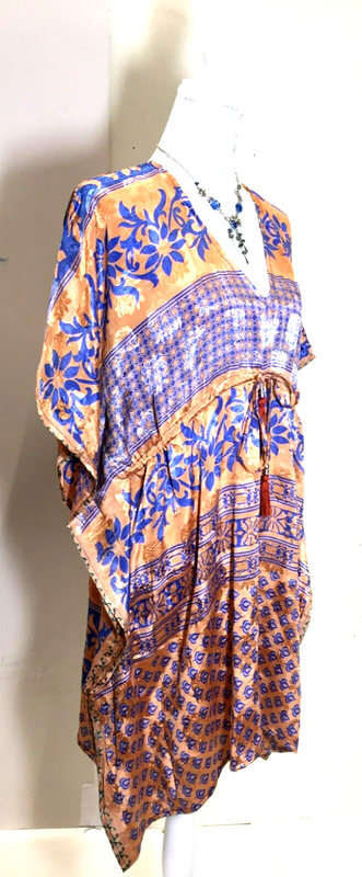 Tunic DRESS Top Blouse Kaftan Boho Hippy Festival Sari Silk Cover up UK 8 - 18