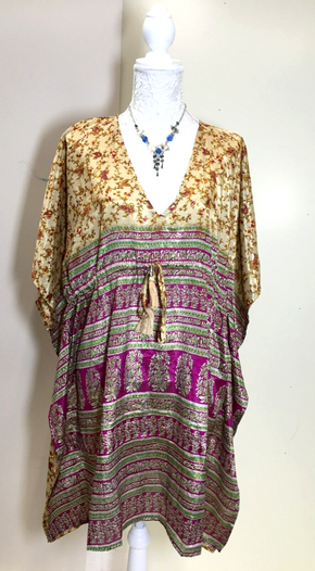 Festival Tunic Dress Top Blouse Kaftan Boho Hippy Sari Silk Cover up UK 8 - 18