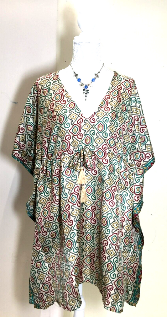 Blouse Tunic Dress Top Kaftan  Boho hippy Festival Sari Silk Cover up UK 8 - 18