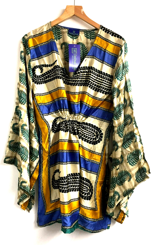 KAFTAN Boho Hippy Tunic Top Festival Sari Silk Blouse Cover up UK 10 12 14 16 18