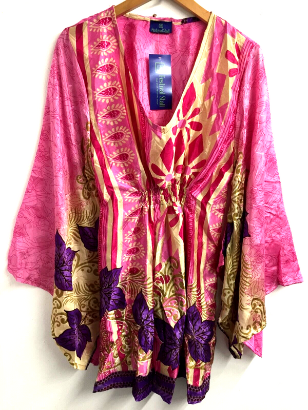 BLOUSE tunic top Boho Hippy Sari Silk PINK retro KAFTAN cover up ONE SIZE 8-18